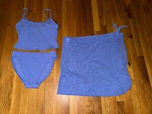 Body Id  Womens 3 pc  Bikini  Bathing Suit Swimsuit Size 12 Blue Sarong Tank Top